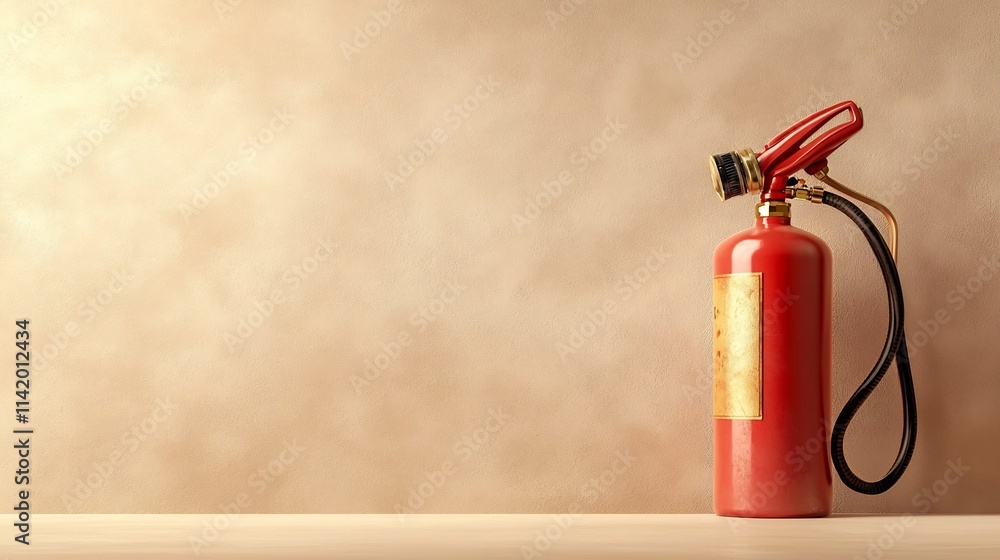 Poster bright and bold red fire extinguisher placed against a clean minimalist background with soft lightin