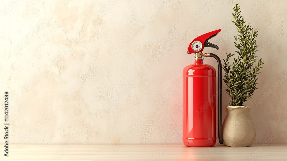 Poster bright red fire extinguisher placed on a clean minimalistic background with soft lighting and ample 
