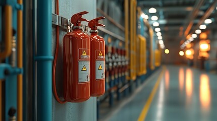 A clear shot of a wall mounted fire alarm and emergency fire extinguisher in a modern industrial interior with soft ambient lighting