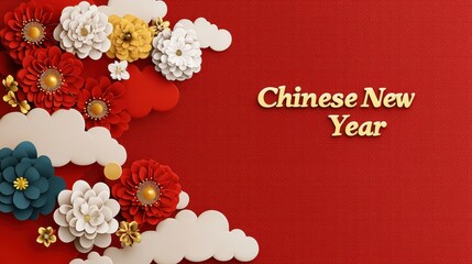 Gold Chinese New Year text on a deep red label with decorative symbols