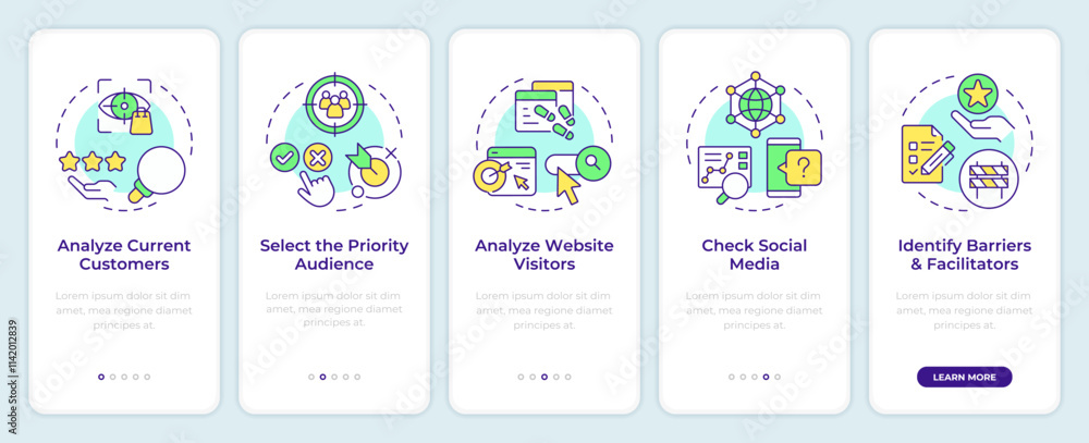 Poster steps to perform audience analysis onboarding mobile app screen. walkthrough 5 steps editable graphi