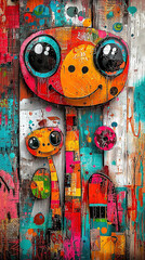 Fototapeta premium A high-resolution image of a wooden panel depicting a dog painting with vibrant colors and visible brushstrokes