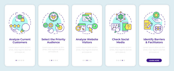 Steps to perform audience analysis onboarding mobile app screen. Walkthrough 5 steps editable graphic instructions with linear concepts. UI, UX, GUI template. Montserrat SemiBold, Regular fonts used