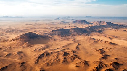Fototapeta premium Vast sandy hills gently rolling under bright sky wide shot photo. AI Generated