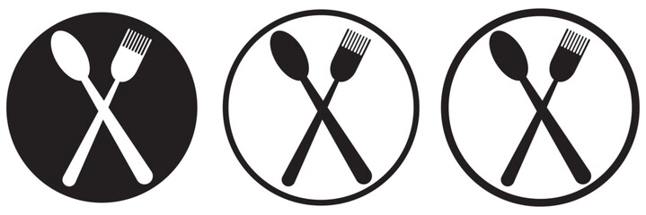 Silverware solid monochrome icon set. Fork, Spoon and Knife icons. Fork, spoon, knife and plate. Menu symbol. Tableware instruments. Restaurant icon. Food, plate, fork, knife, spoon, cutlery icon set.