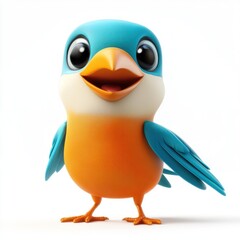 Obraz premium Cute chubby blue and orange bird with big eyes and cheerful expression, detailed 3D render, vibrant colors