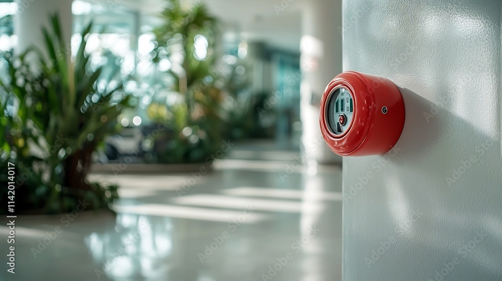 Poster close up view of a fire alarm button mounted on a clean white wall with a blurred office background 