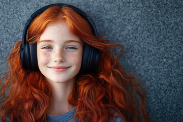 Fototapeta premium Portrait of smiling red-haired curly teenage girl with freckles listening to music with headphones
