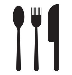 Silverware solid monochrome icon set. Fork, Spoon and Knife icons. Fork, spoon, knife and plate. Menu symbol. Tableware instruments. Restaurant icon. Food, plate, fork, knife, spoon, cutlery icon set.