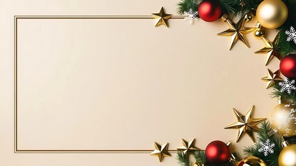 Gold frame, red baubles balls, metallic stars, snowflake, pine branches decorated on soft beige background with copy space. Elegant Christmas ornament and winter celebration theme