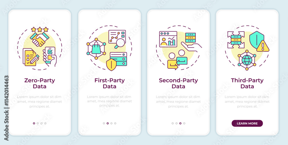 Poster audience data types onboarding mobile app screen. e business walkthrough 4 steps editable graphic in