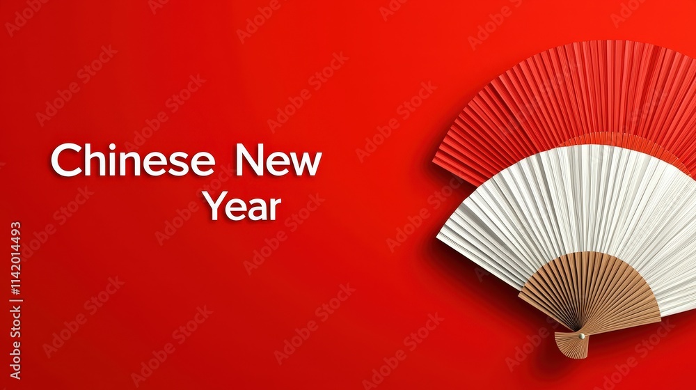 Poster label with chinese new year text glowing on a red fan-patterned background