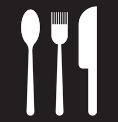 Silverware solid monochrome icon set. Fork, Spoon and Knife icons. Fork, spoon, knife and plate. Menu symbol. Tableware instruments. Restaurant icon. Food, plate, fork, knife, spoon, cutlery icon set.