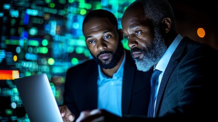 Two IT Professionals Analyze Data on Laptop, Working Late in Dark Server Room with Green Lights
