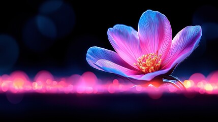 Fototapeta premium A clearer image of a blue and pink flower is visible next to a pink flower resting atop the table