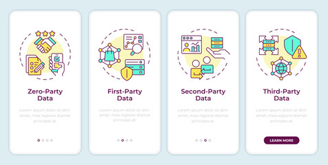 Audience data types onboarding mobile app screen. E business walkthrough 4 steps editable graphic instructions with linear concepts. UI, UX, GUI template. Montserrat SemiBold, Regular fonts used