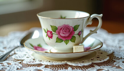 Fototapeta premium Elegant Vintage Tea Cup with Pink Roses