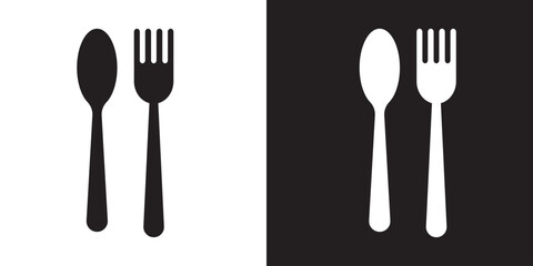 Silverware solid monochrome icon set. Fork, Spoon and Knife icons. Fork, spoon, knife and plate. Menu symbol. Tableware instruments. Restaurant icon. Food, plate, fork, knife, spoon, cutlery icon set.
