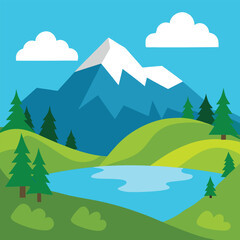 Obraz premium Green mountains and hills under a blue sky with white clouds illustrate a serene summer landscape