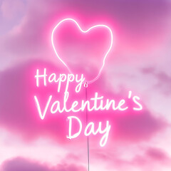 Fototapeta premium Pink Neon Cloud Happy Valentine's Day Graphic. A vibrant, digitally created graphic featuring a pink, cloud-shaped neon sign that says 