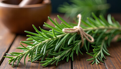 Fresh Rosemary Tied with Twine on Wooden Table