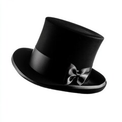 A classic black top hat adorned with a satin bow, perfect for formal occasions and costume events.