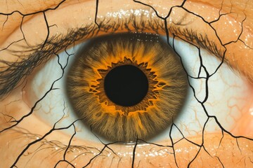 A close-up of a detailed human eye, featuring striking colors and cracked patterns, symbolizing emotion and inner thoughts.