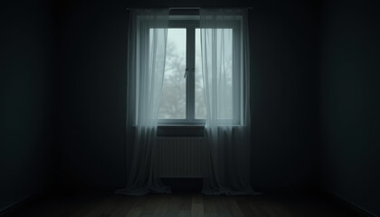 Dark room with a window and sheer curtains creating an atmosphere of loneliness and sadness