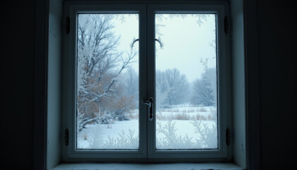 Winter window view with frost creating a feeling of loneliness and sadness in a snowy landscape