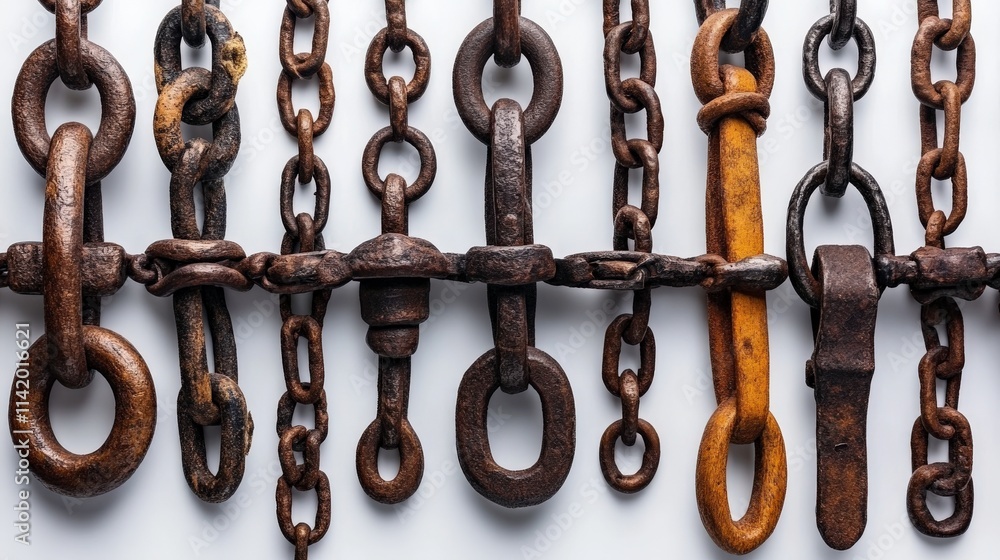 Aufkleber close-up of various old chains and links with different textures and colors against a white backgrou