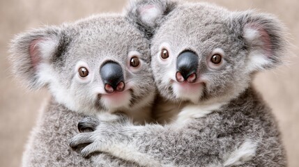 Obraz premium Two adorable koalas hugging, close-up portrait showing affectionate behavior and expressive faces with bright eyes and fuzzy ears, displaying natural bonding. 8k