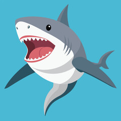 Fototapeta premium Cartoon shark, a blue marine predator with a fin and sharp teeth, isolated on white