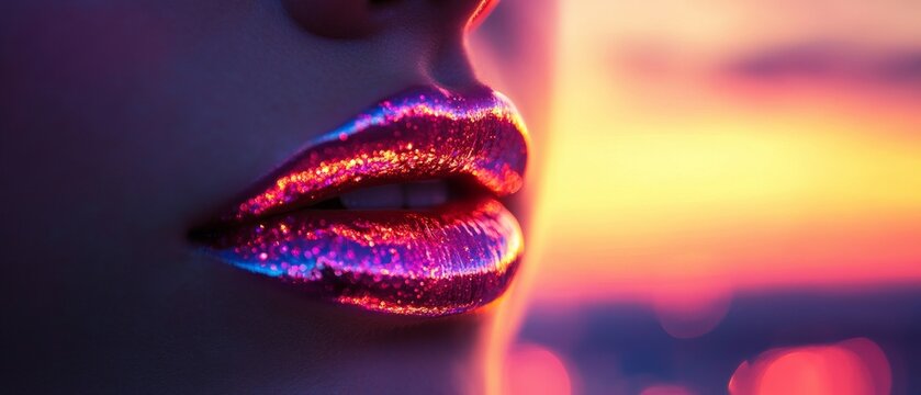 A close-up of vibrant, glittery lips against a stunning sunset background, showcasing beauty and creativity.