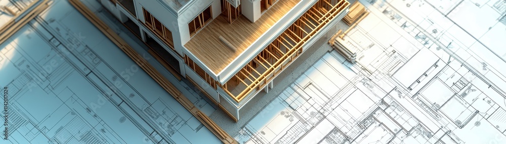 Poster a detailed architectural model rests on blueprints, showcasing design elements and construction intr