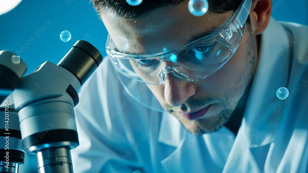 Poster engineer analyzing sample with microscope in laboratory environment for experimentation