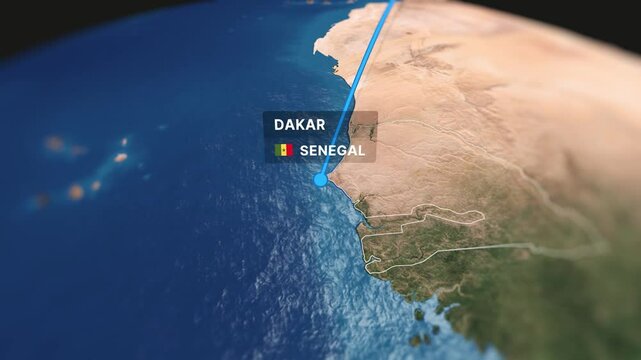3D animated map illustrating a flight route from Casablanca to Dakar. Perfect for travel videos, tourism content, and corporate presentations.