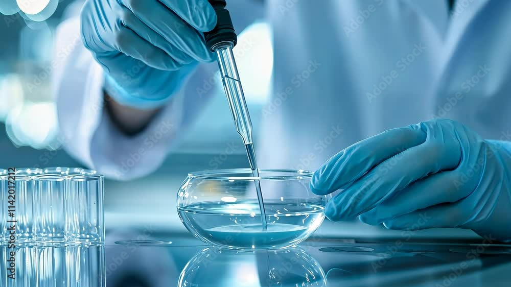 Poster laboratory technician conducting experiment with pipette and beaker in a modern setting