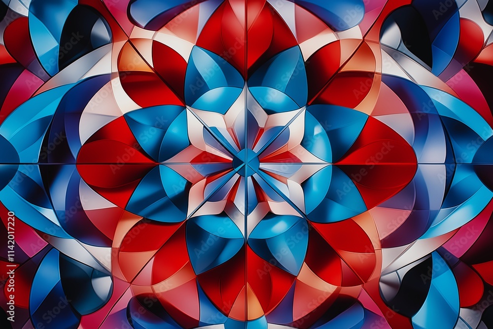 Poster a kaleidoscopic design of symmetrical geometric shapes in bold primary colors