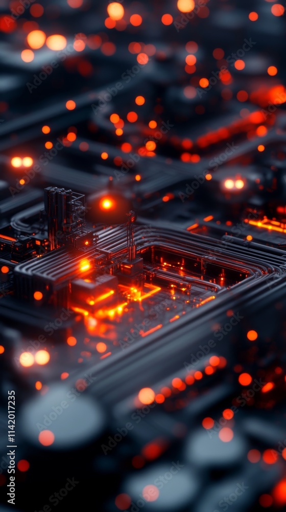Poster a close-up view of a vibrant circuit board with glowing elements, showcasing the intricate details o
