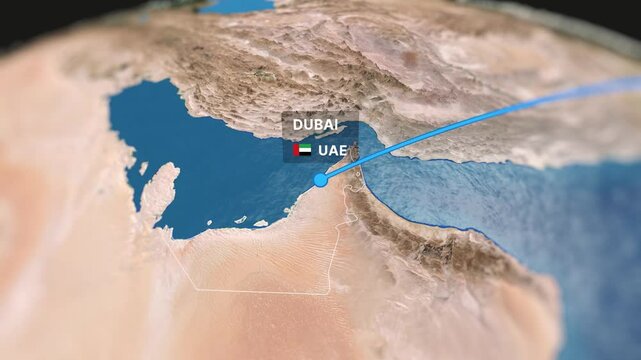 Dynamic 3D animated map showcasing a flight route from Delhi to Dubai. Perfect for travel videos, tourism content, and corporate presentations.