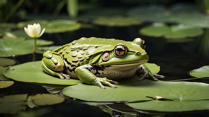  A tranquil frog lounging on a lily pad, bordered by lush greenery 