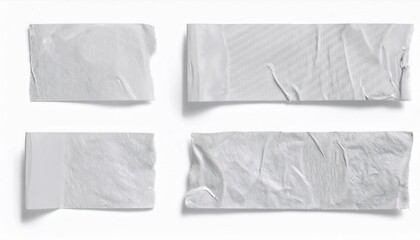 Set of Wrinkled Gray Duct Tape Pieces on White Background. Textured Adhesive Strips for DIY Projects, Repairs, Crafting, Decoration, or Concept Art with Imperfections for Realistic Visual Use