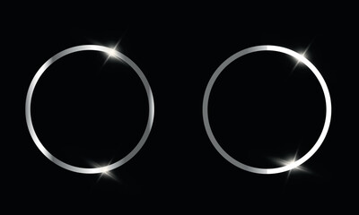 Silver circle frame. Silver award. Blank round shiny vector element on black background