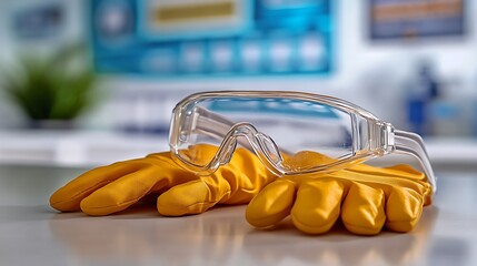 Safety gloves and goggles on a clean table with laboratory tools in a well-lit workspace.