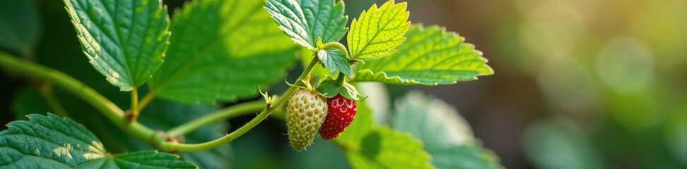 Small green strawberry leaves and stems on a stem with buds, branching, buds