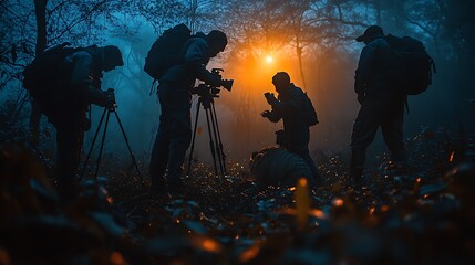 Fototapeta premium Film Crew Shooting Night Scene In Mysterious Forest