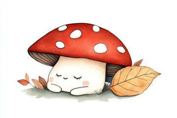 A cute, cartoon-style mushroom resting under leaves, evoking a sense of calm and nature's charm.