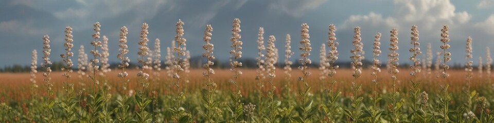 Row of tall buckwheat plants swaying in the breeze , rural scenery, green fields, wheat field