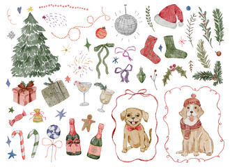 Charming Collection of Festive Watercolor Illustrations for the Holiday Season with Funny Dogs and Christmas Trees in the PNG format.