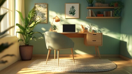 A warm and inviting home office setup illustrating comfort and productivity in teleworking environments.	